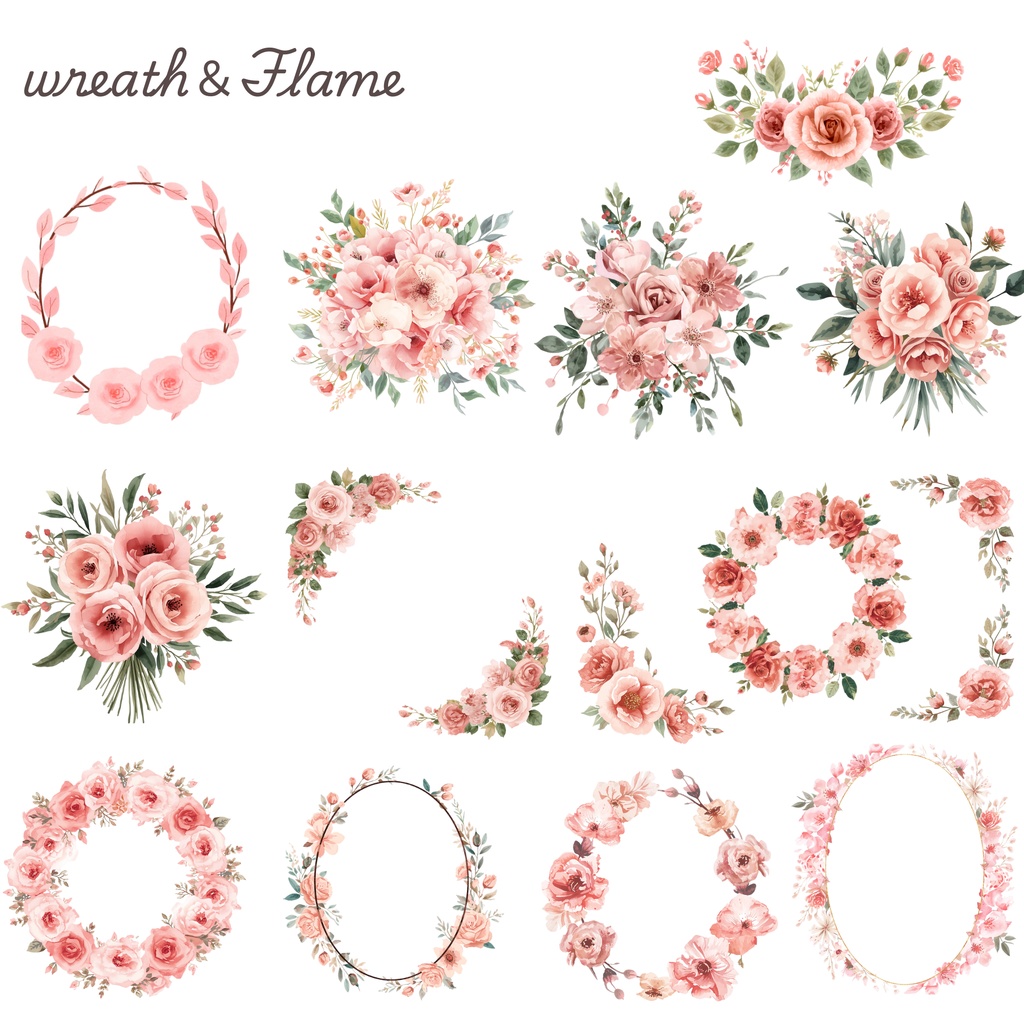 ピンクのウェディング素材125点|PNG透過|フラワークリップアート|結婚式・招待状・Canva対応