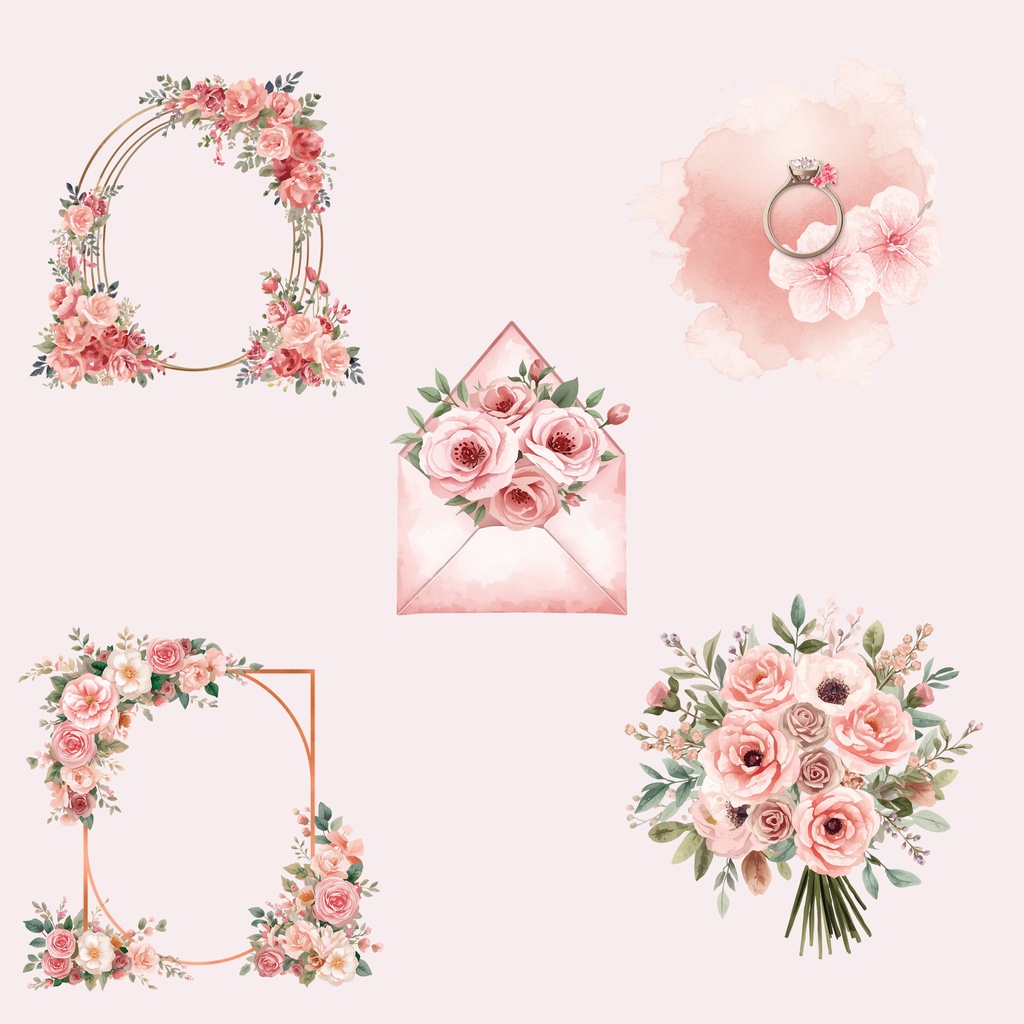 ピンクのウェディング素材125点|PNG透過|フラワークリップアート|結婚式・招待状・Canva対応