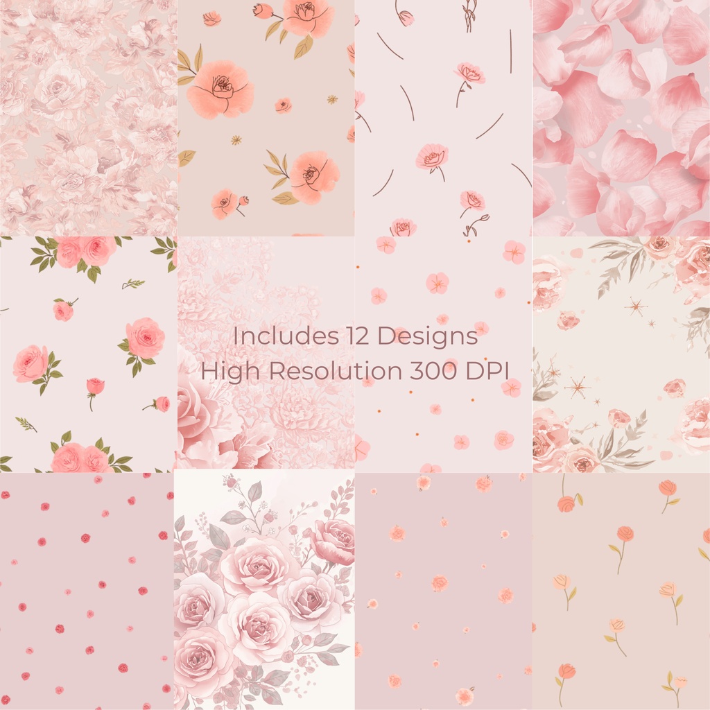 くすみピンクの花柄デジタルペーパー12枚セット|水彩フラワー|招待状・ラッピング・手帳素材に