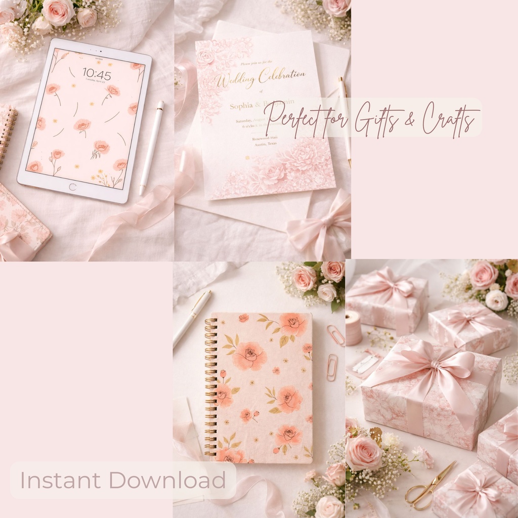 くすみピンクの花柄デジタルペーパー12枚セット|水彩フラワー|招待状・ラッピング・手帳素材に