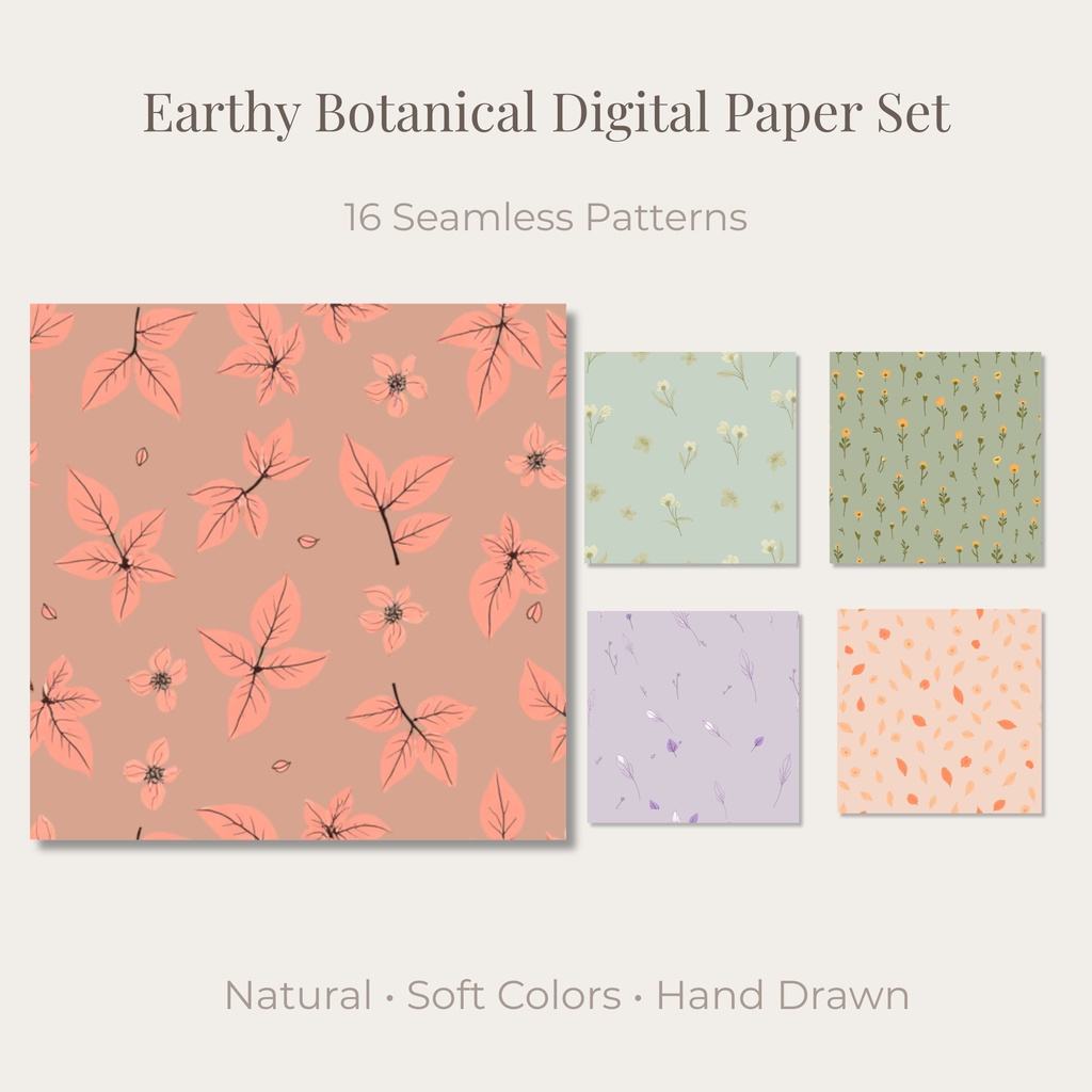 秋色ボタニカルデジタルペーパー12枚セット｜くすみカラー・ナチュラル花柄｜ラッピング・手帳・背景素材に