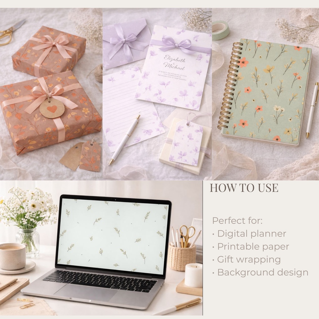秋色ボタニカルデジタルペーパー12枚セット|くすみカラー・ナチュラル花柄|ラッピング・手帳・背景素材に