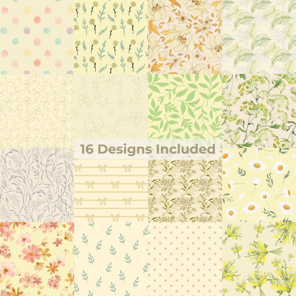 ボタニカルデジタルペーパー16枚セット|淡色ナチュラル背景・手帳デコ・ラッピング素材・イエロー系
