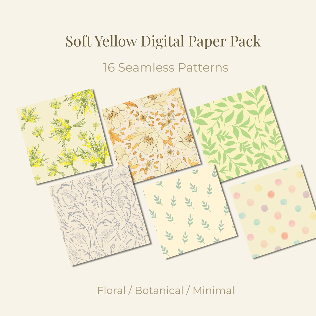 ボタニカルデジタルペーパー16枚セット｜淡色ナチュラル背景・手帳デコ・ラッピング素材・イエロー系