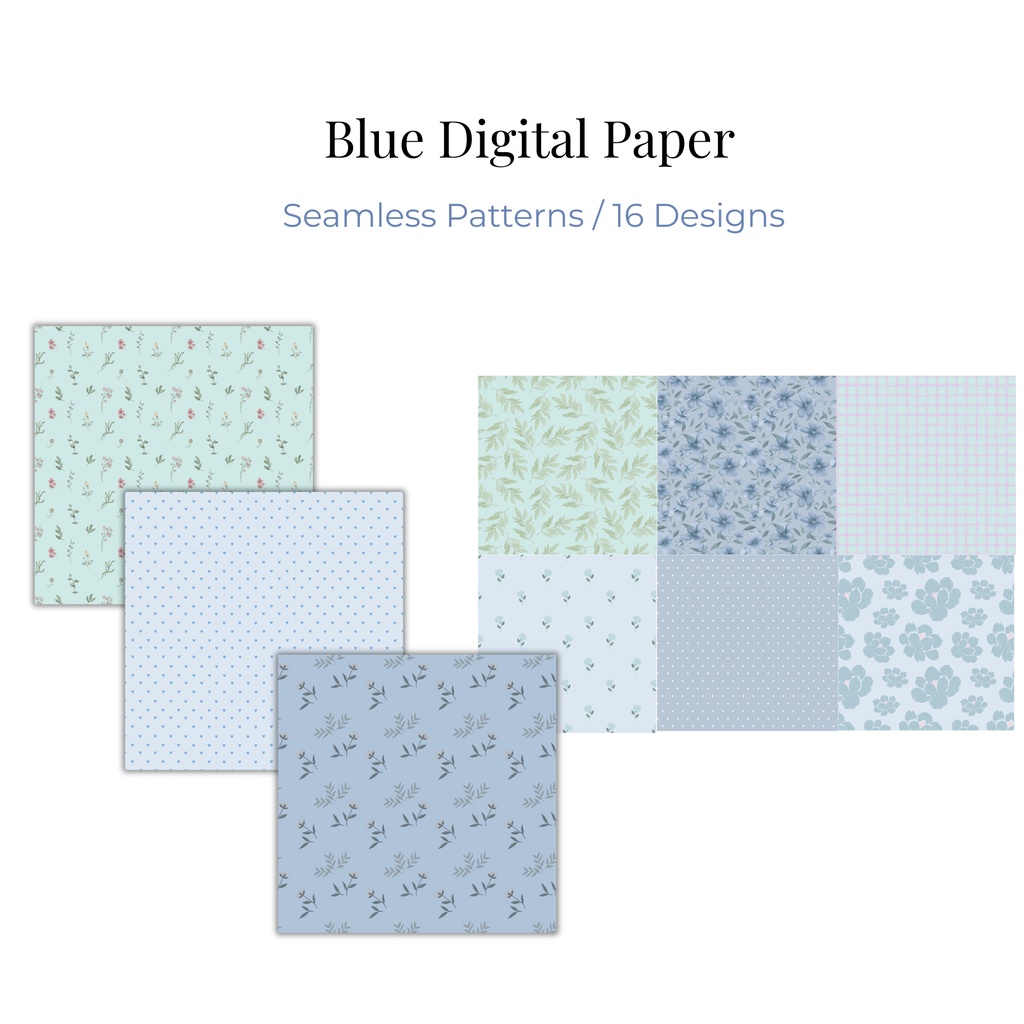 ブルー系デジタルペーパー16種類セット｜花柄・ボタニカル｜背景素材・ラッピング・招待状に