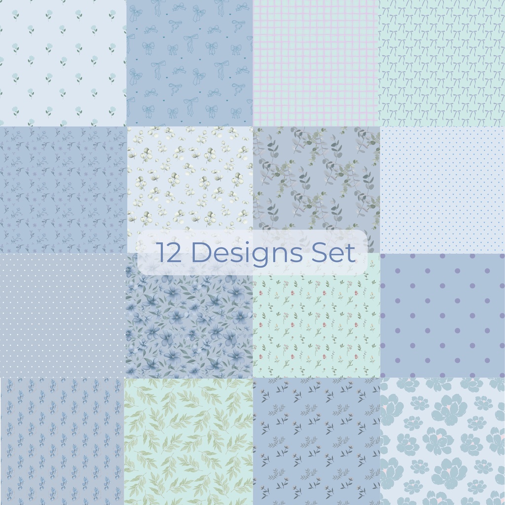 ブルー系デジタルペーパー16種類セット|花柄・ボタニカル|背景素材・ラッピング・招待状に