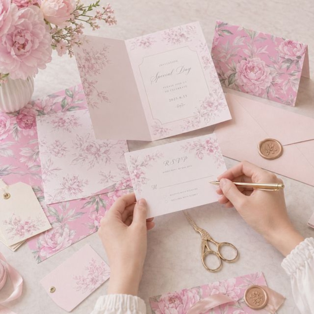 ピンクの花柄ウェディング招待状セット|牡丹フラワー|結婚式・ブライダル・ペーパーアイテム|PNGダウンロード