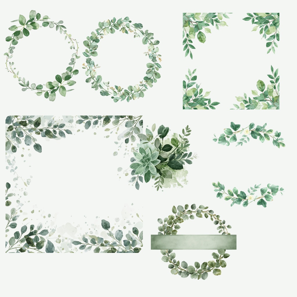 グリーンのウェディング素材158点|PNG透過|ユーカリ・ボタニカルクリップアート|結婚式・招待状・Canva対応