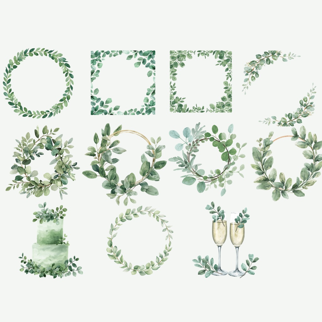 グリーンのウェディング素材158点|PNG透過|ユーカリ・ボタニカルクリップアート|結婚式・招待状・Canva対応