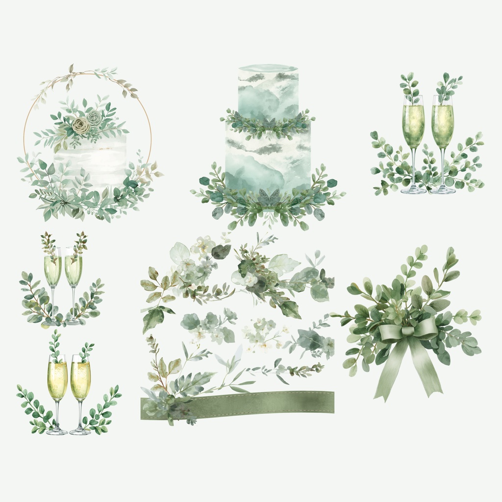 グリーンのウェディング素材158点|PNG透過|ユーカリ・ボタニカルクリップアート|結婚式・招待状・Canva対応