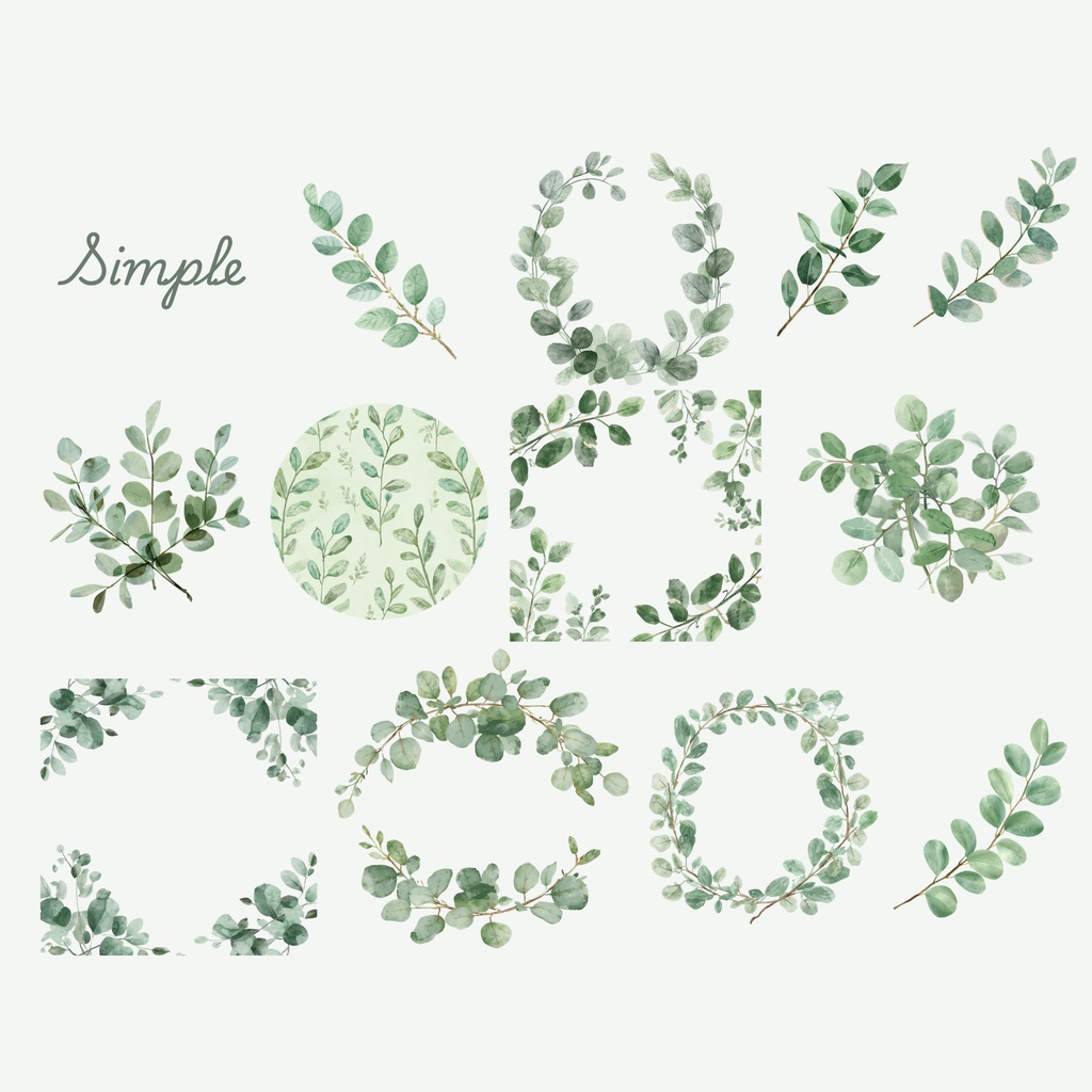 グリーンのウェディング素材158点|PNG透過|ユーカリ・ボタニカルクリップアート|結婚式・招待状・Canva対応