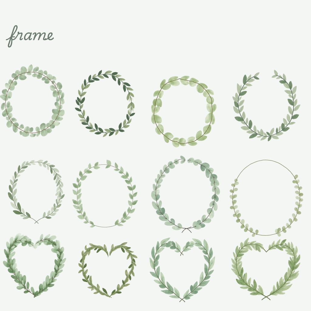 グリーンのウェディング素材158点|PNG透過|ユーカリ・ボタニカルクリップアート|結婚式・招待状・Canva対応