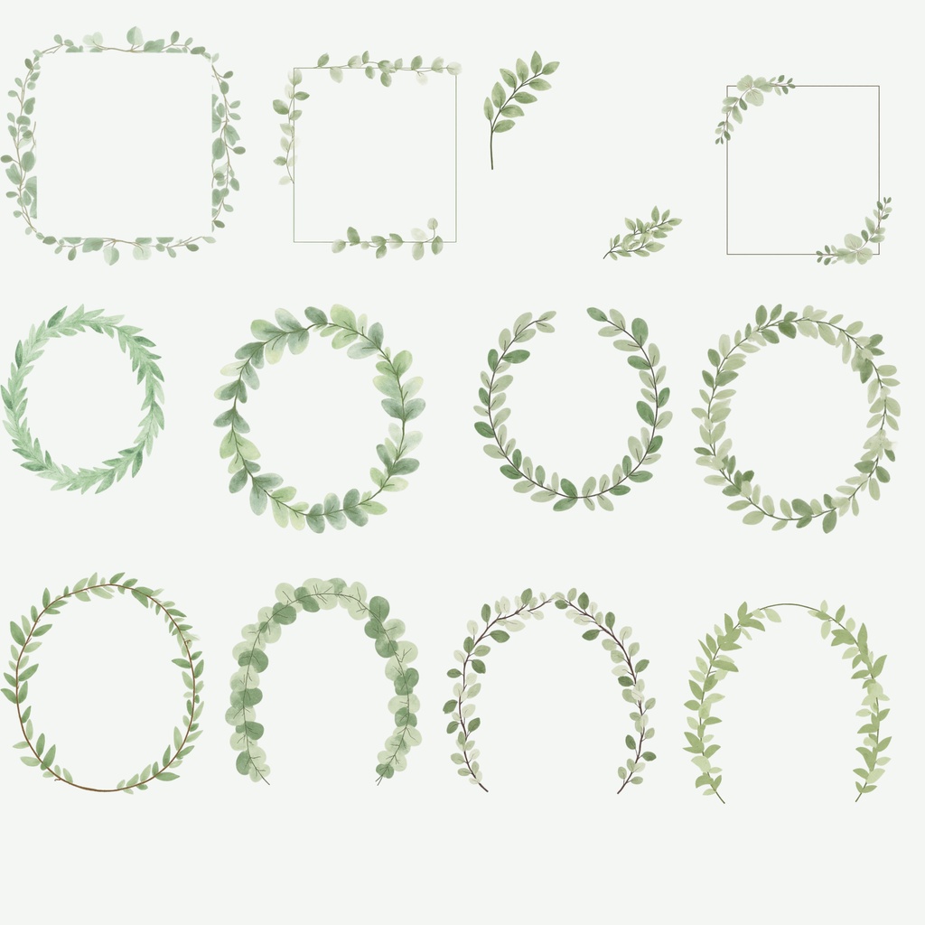グリーンのウェディング素材158点|PNG透過|ユーカリ・ボタニカルクリップアート|結婚式・招待状・Canva対応