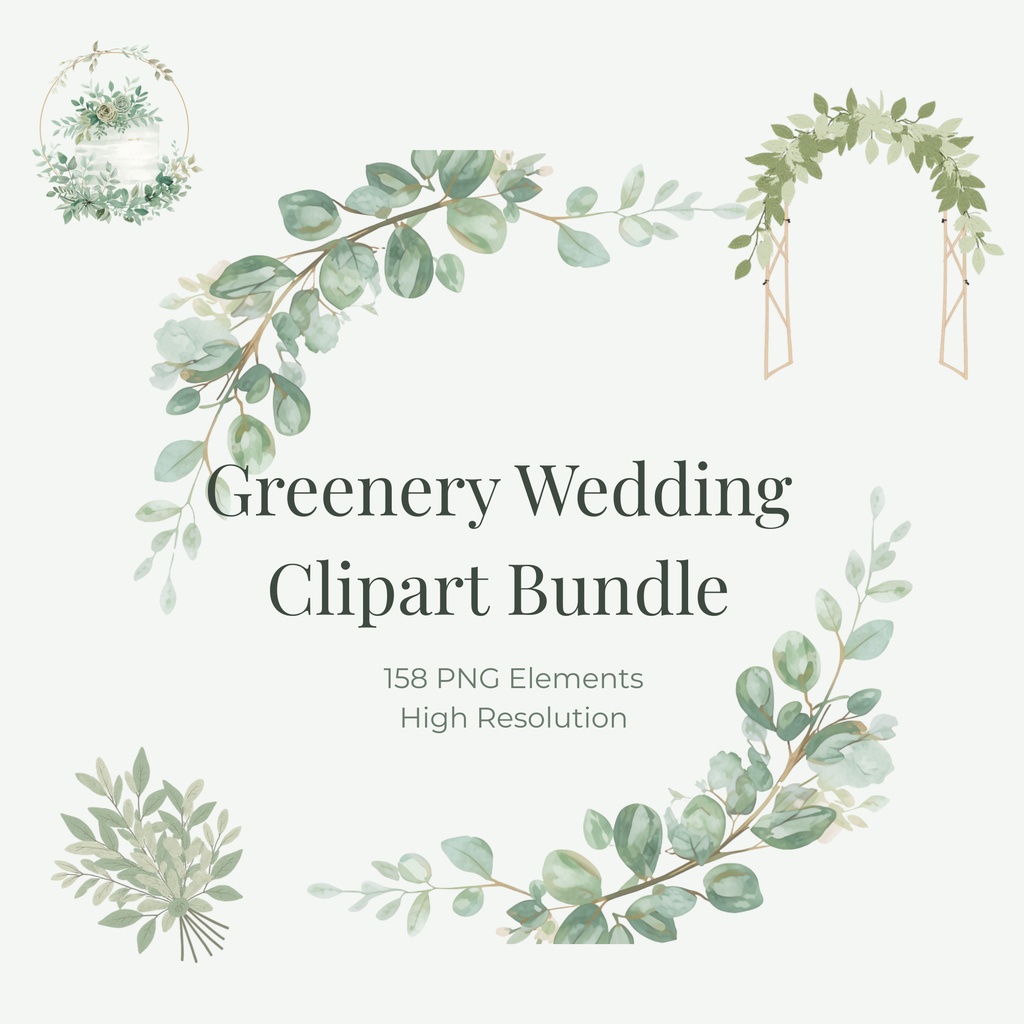 グリーンのウェディング素材158点｜PNG透過｜ユーカリ・ボタニカルクリップアート｜結婚式・招待状・Canva対応