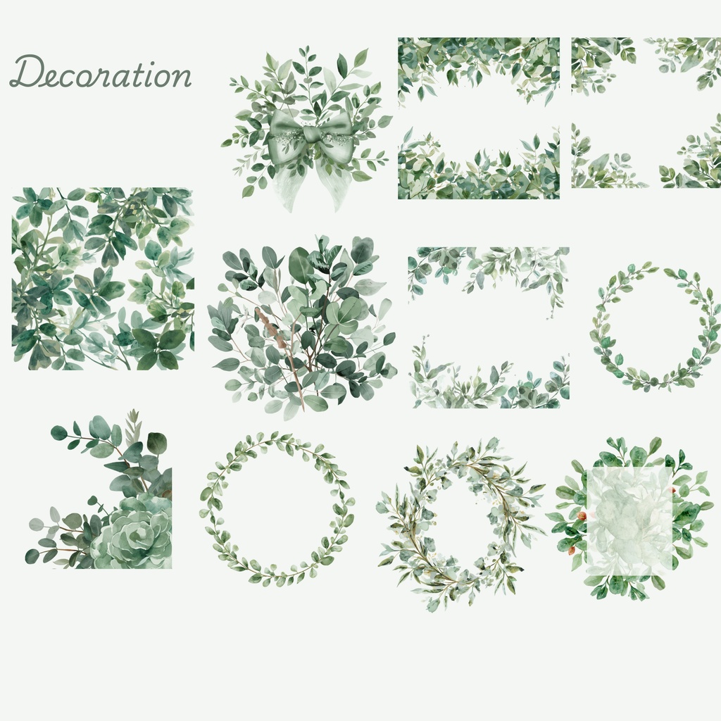 グリーンのウェディング素材158点|PNG透過|ユーカリ・ボタニカルクリップアート|結婚式・招待状・Canva対応