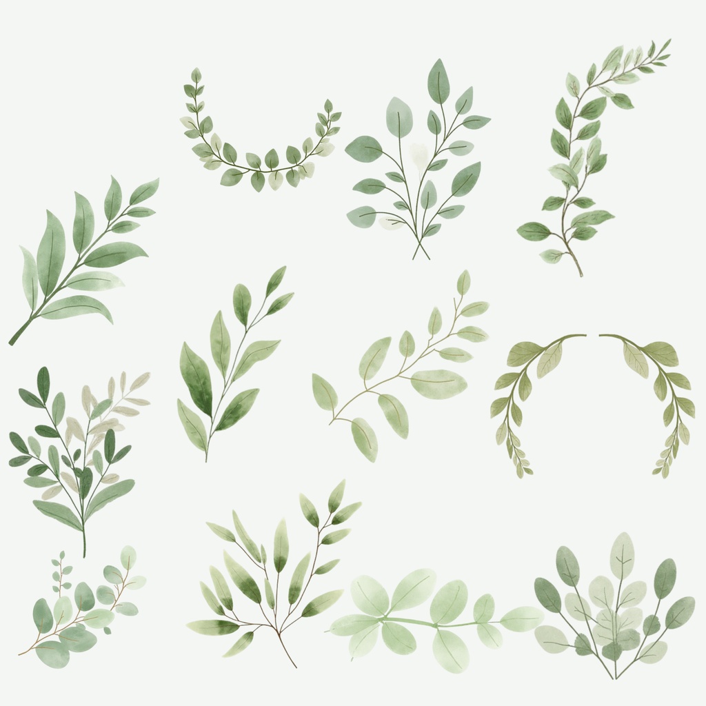 グリーンのウェディング素材158点|PNG透過|ユーカリ・ボタニカルクリップアート|結婚式・招待状・Canva対応