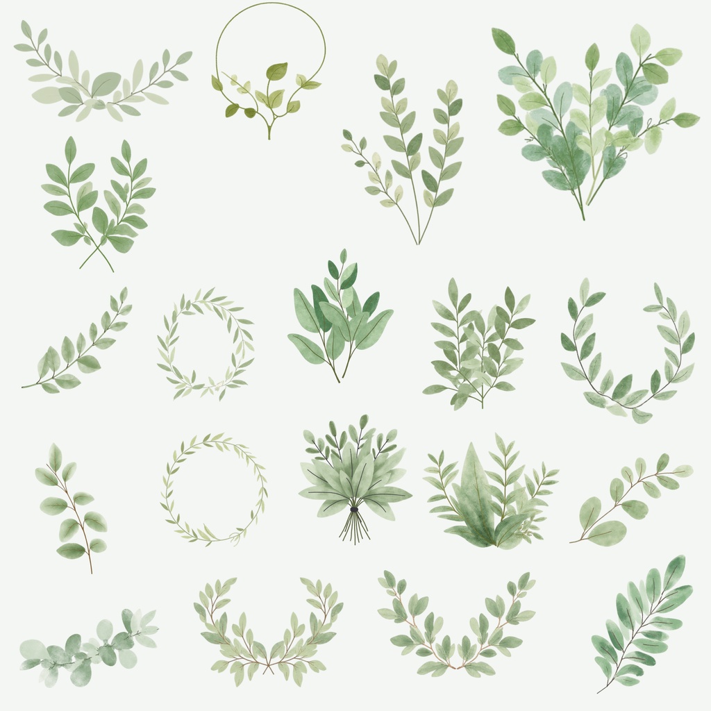 グリーンのウェディング素材158点|PNG透過|ユーカリ・ボタニカルクリップアート|結婚式・招待状・Canva対応