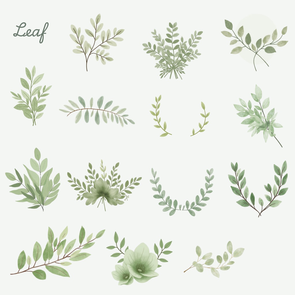 グリーンのウェディング素材158点|PNG透過|ユーカリ・ボタニカルクリップアート|結婚式・招待状・Canva対応