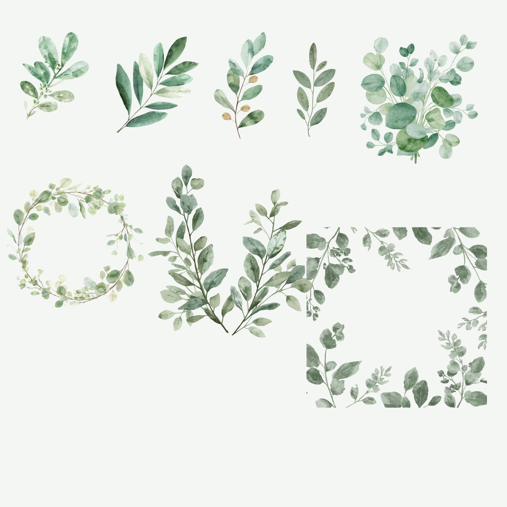 グリーンのウェディング素材158点|PNG透過|ユーカリ・ボタニカルクリップアート|結婚式・招待状・Canva対応