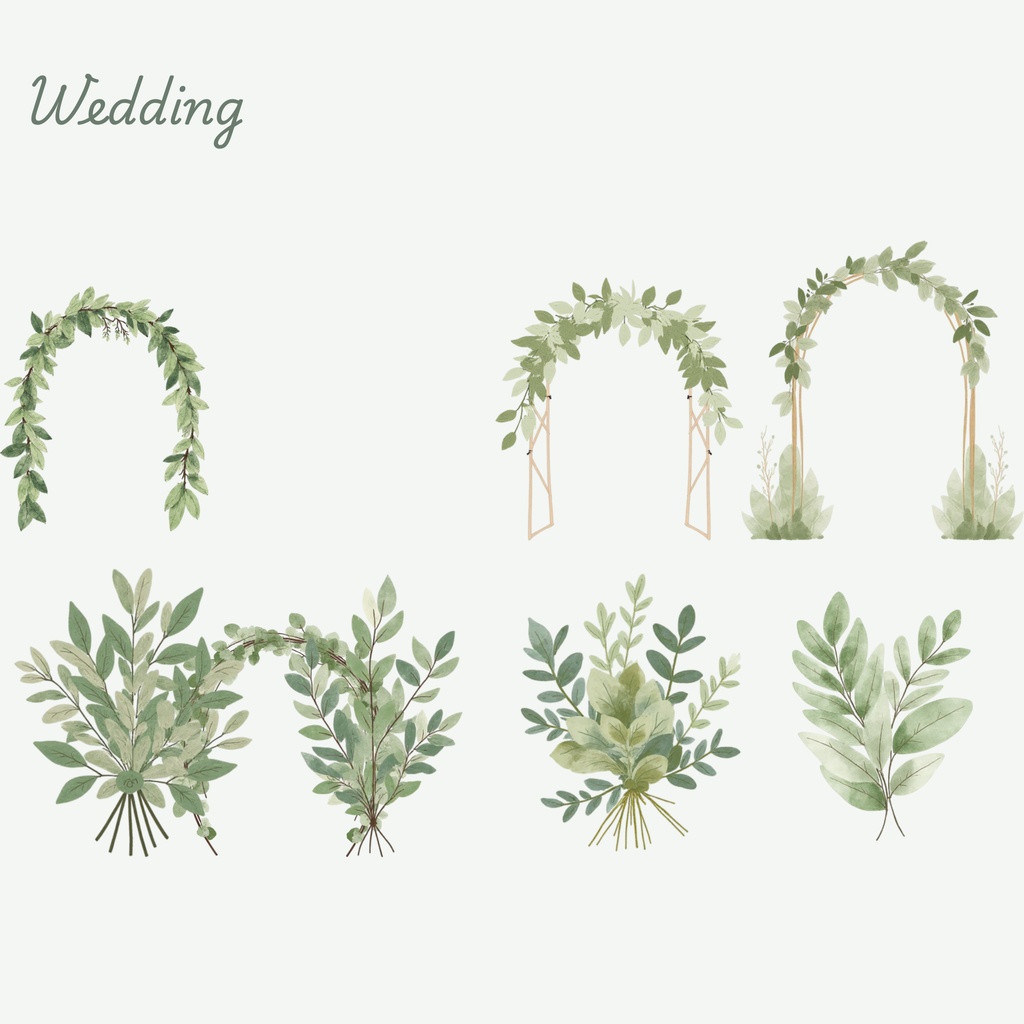 グリーンのウェディング素材158点|PNG透過|ユーカリ・ボタニカルクリップアート|結婚式・招待状・Canva対応