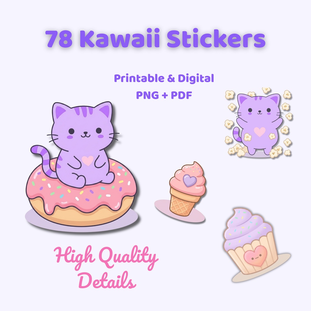 ゆめかわ猫とスイーツのデジタルステッカー78種 PNG＋PDF 手帳デコ iPad対応 ふちあり・ふちなし 両方入り