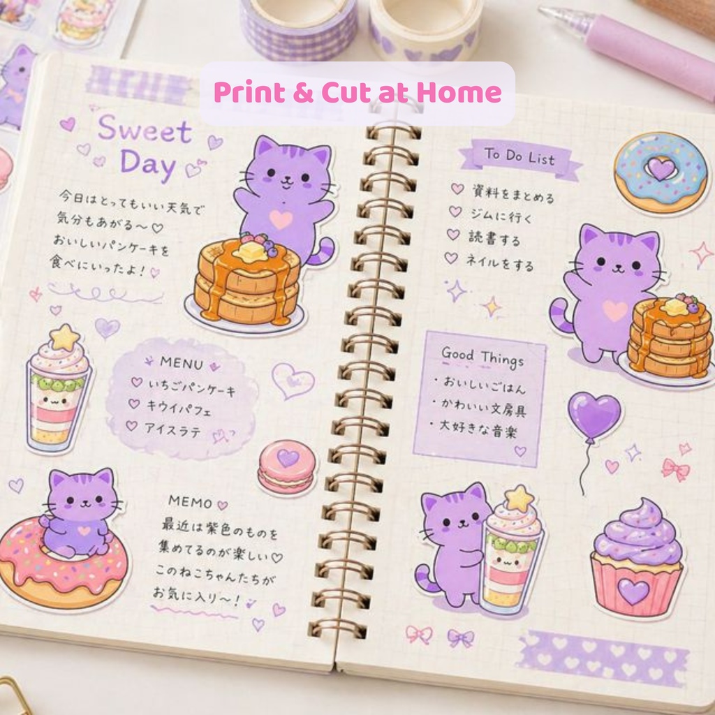 ゆめかわ猫とスイーツのデジタルステッカー78種 PNG+PDF 手帳デコ iPad対応 ふちあり・ふちなし 両方入り