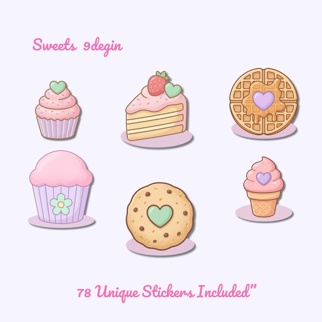 ゆめかわ猫とスイーツのデジタルステッカー78種 PNG+PDF 手帳デコ iPad対応 ふちあり・ふちなし 両方入り