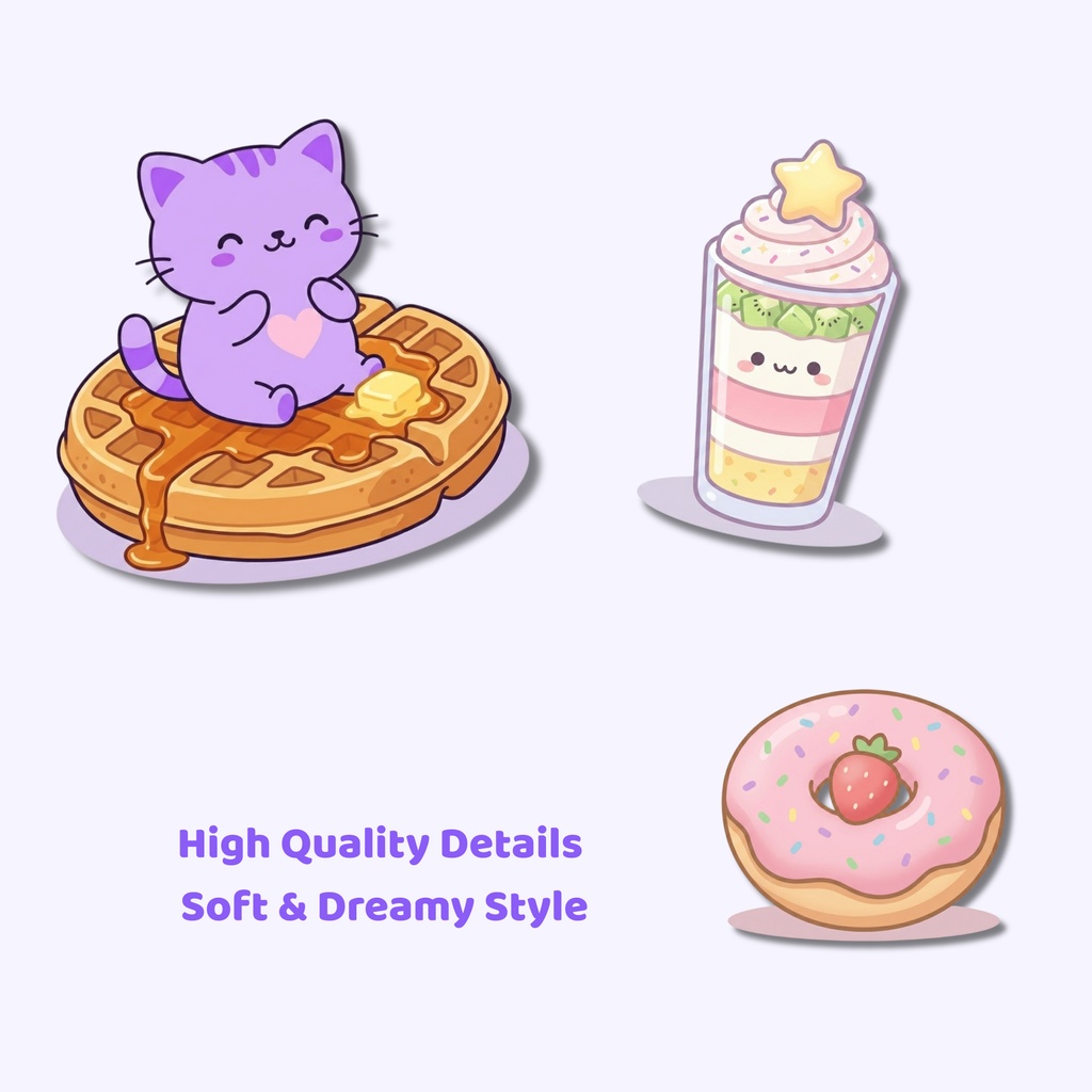 ゆめかわ猫とスイーツのデジタルステッカー78種 PNG+PDF 手帳デコ iPad対応 ふちあり・ふちなし 両方入り