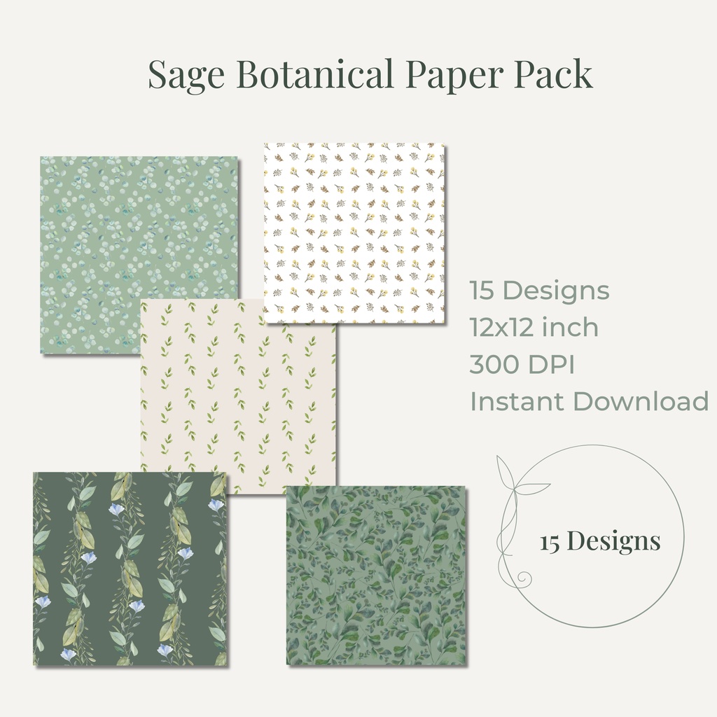 【15枚セット】セージグリーンのボタニカルデジタルペーパー｜3600px｜背景素材・ラッピング・スクラップブックに