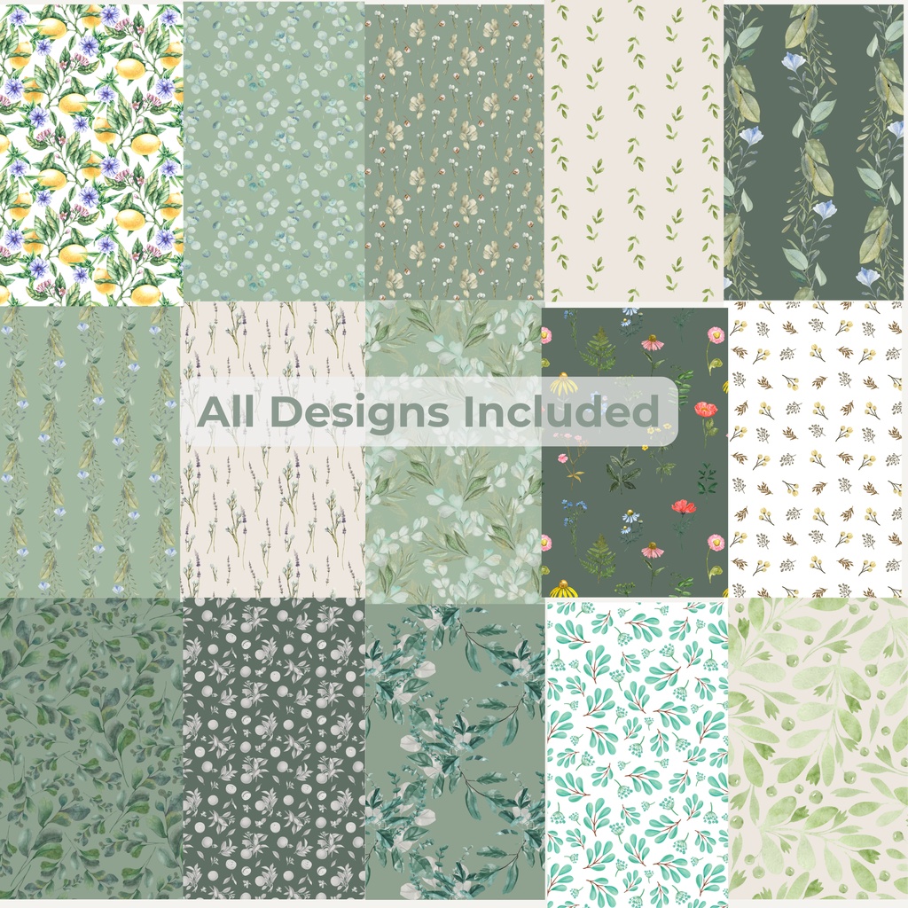 【15枚セット】セージグリーンのボタニカルデジタルペーパー|3600px|背景素材・ラッピング・スクラップブックに