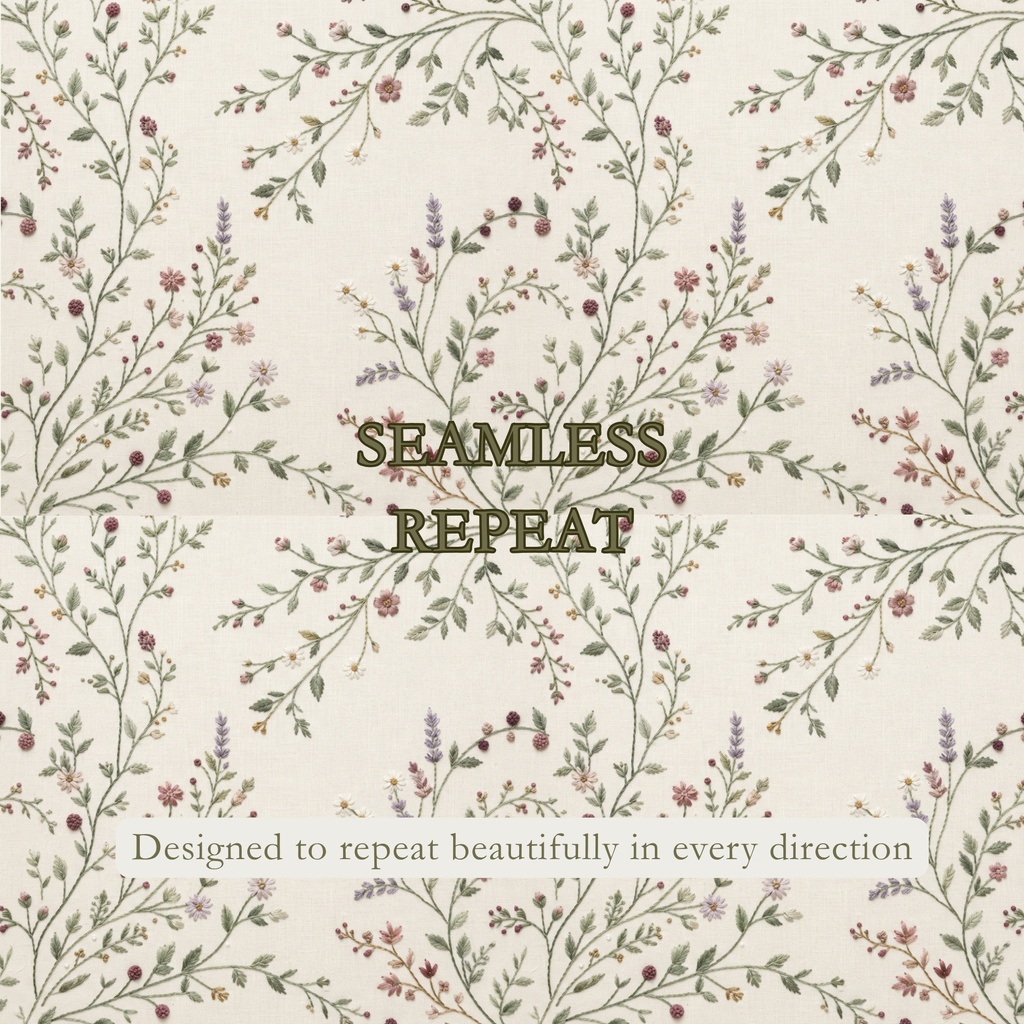 ハーブ&ベリーのボタニカル刺繍風 デジタルペーパー15柄|花・木の実・植物|シームレス PNG 商用利用OK