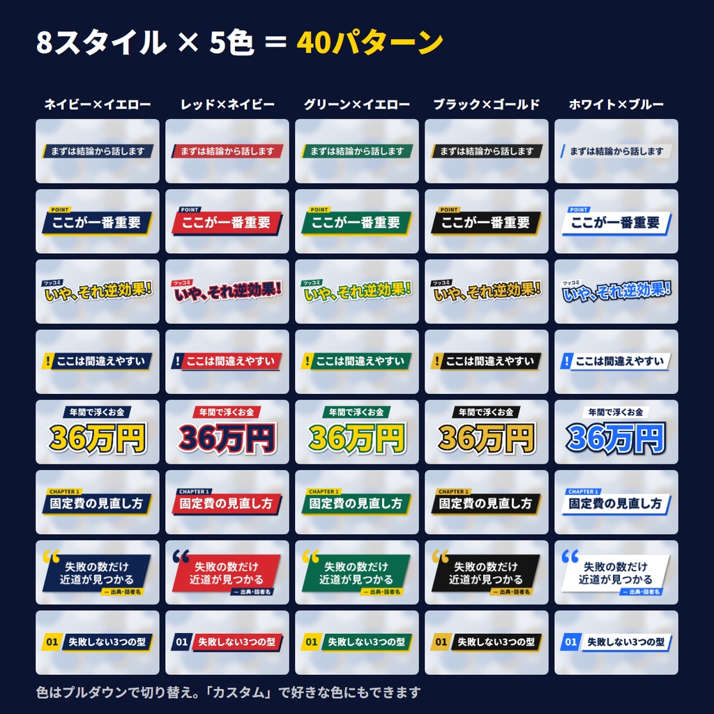 【無料体験版あり】解説・ビジネス系テロップ|動画とサムネが同じデザイン 8種×5色【Premiere Pro用MOGRT+Photoshop用PSD】MotionCraft テロップDUO