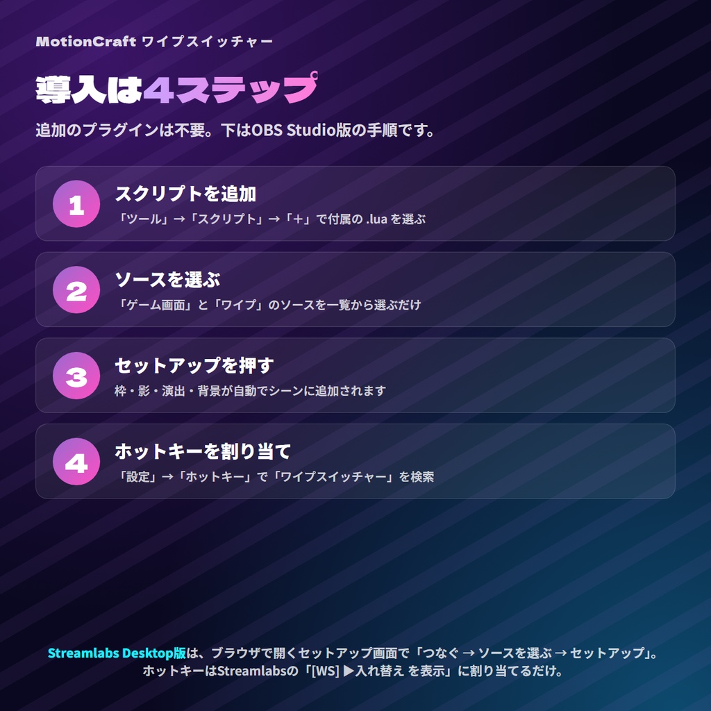 【無料体験版あり】MotionCraft ワイプスイッチャー|ゲーム画面とワイプをホットキーでアニメ切り替え【OBS Studio・Streamlabs対応】