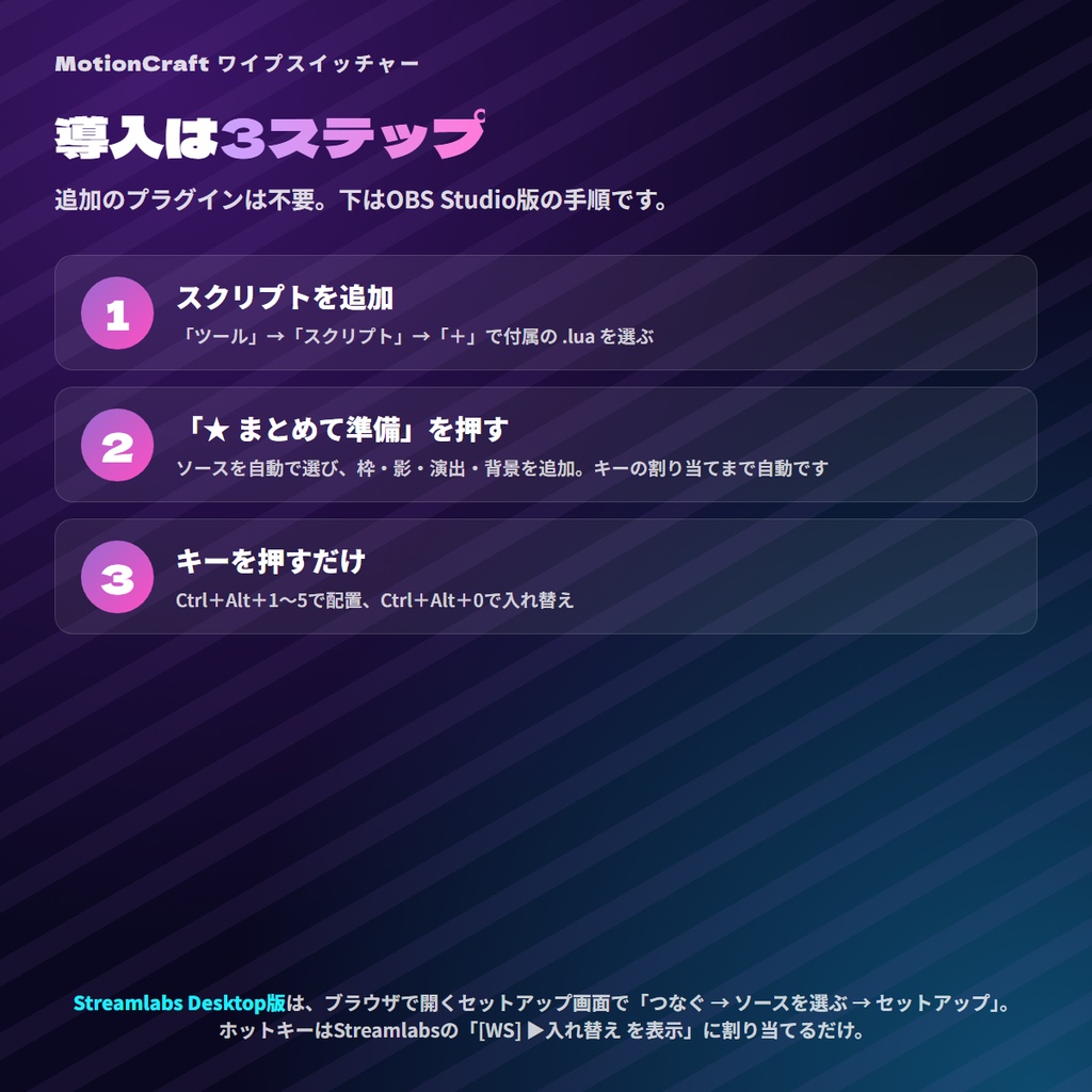 【無料体験版あり】MotionCraft ワイプスイッチャー|ゲーム画面とワイプをホットキーでアニメ切り替え【OBS Studio・Streamlabs対応】