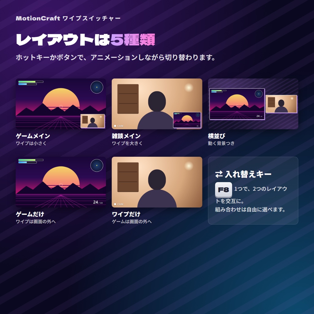【無料体験版あり】MotionCraft ワイプスイッチャー|ゲーム画面とワイプをホットキーでアニメ切り替え【OBS Studio・Streamlabs対応】
