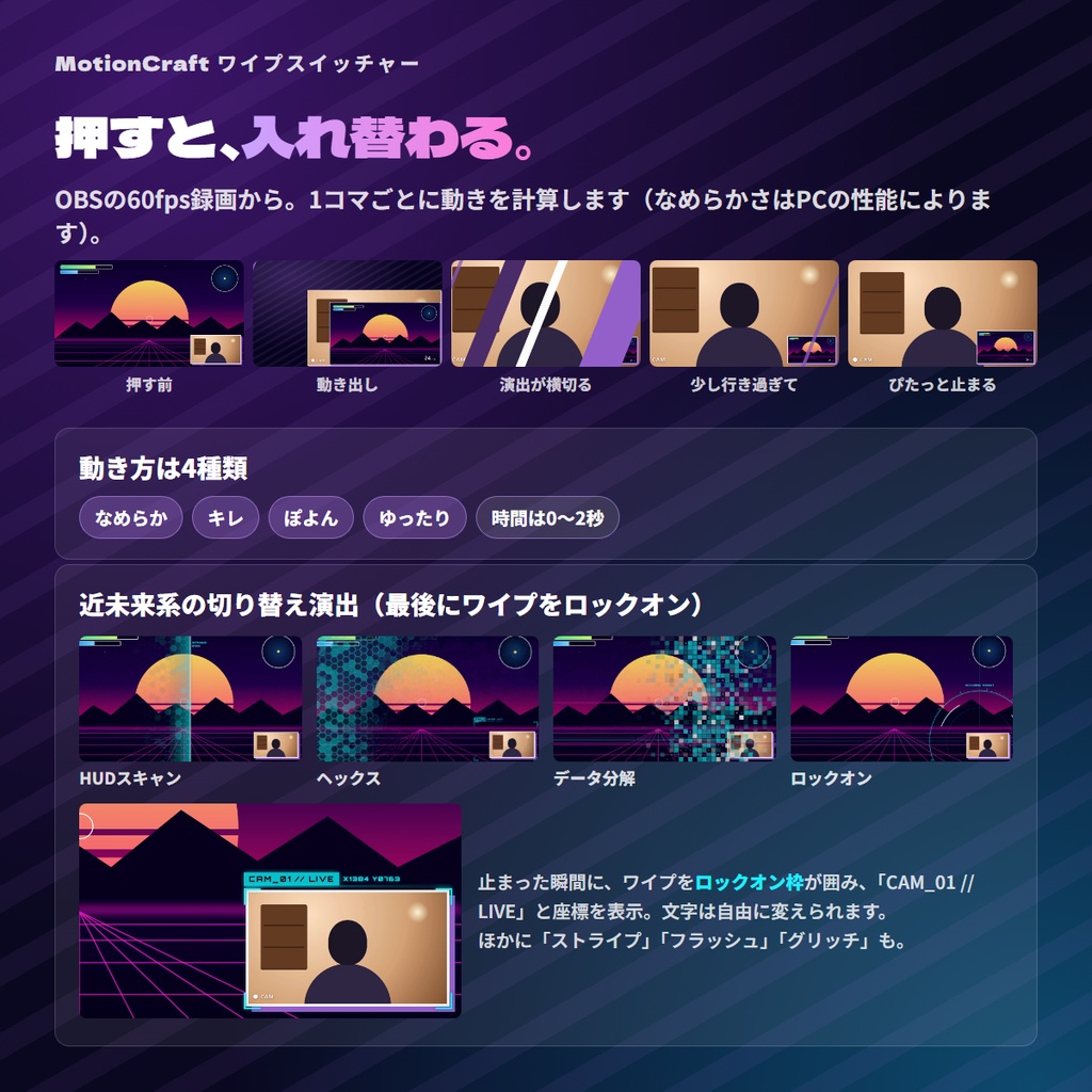 【無料体験版あり】MotionCraft ワイプスイッチャー|ゲーム画面とワイプをホットキーでアニメ切り替え【OBS Studio・Streamlabs対応】