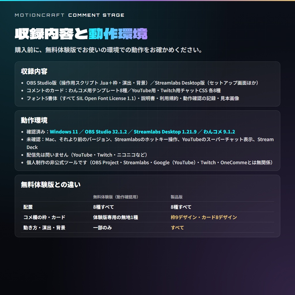 【OBS・Streamlabs対応】コメ欄を主役にする配置切替スイッチャー「COMMENT STAGE」【わんコメ・YouTube・Twitch/枠9種+カード8種】