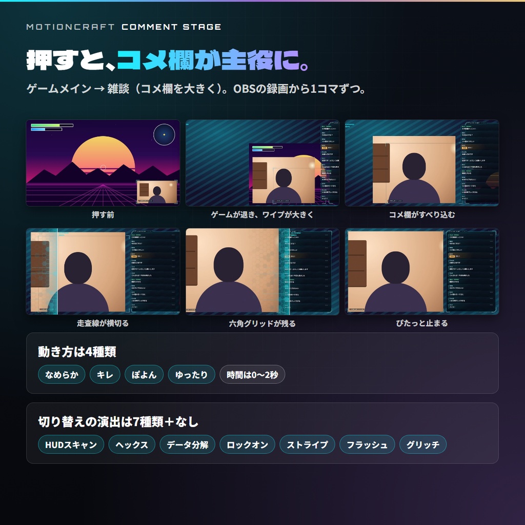 【OBS・Streamlabs対応】コメ欄を主役にする配置切替スイッチャー「COMMENT STAGE」【わんコメ・YouTube・Twitch・Streamlabsチャット/枠9種+カード8種】