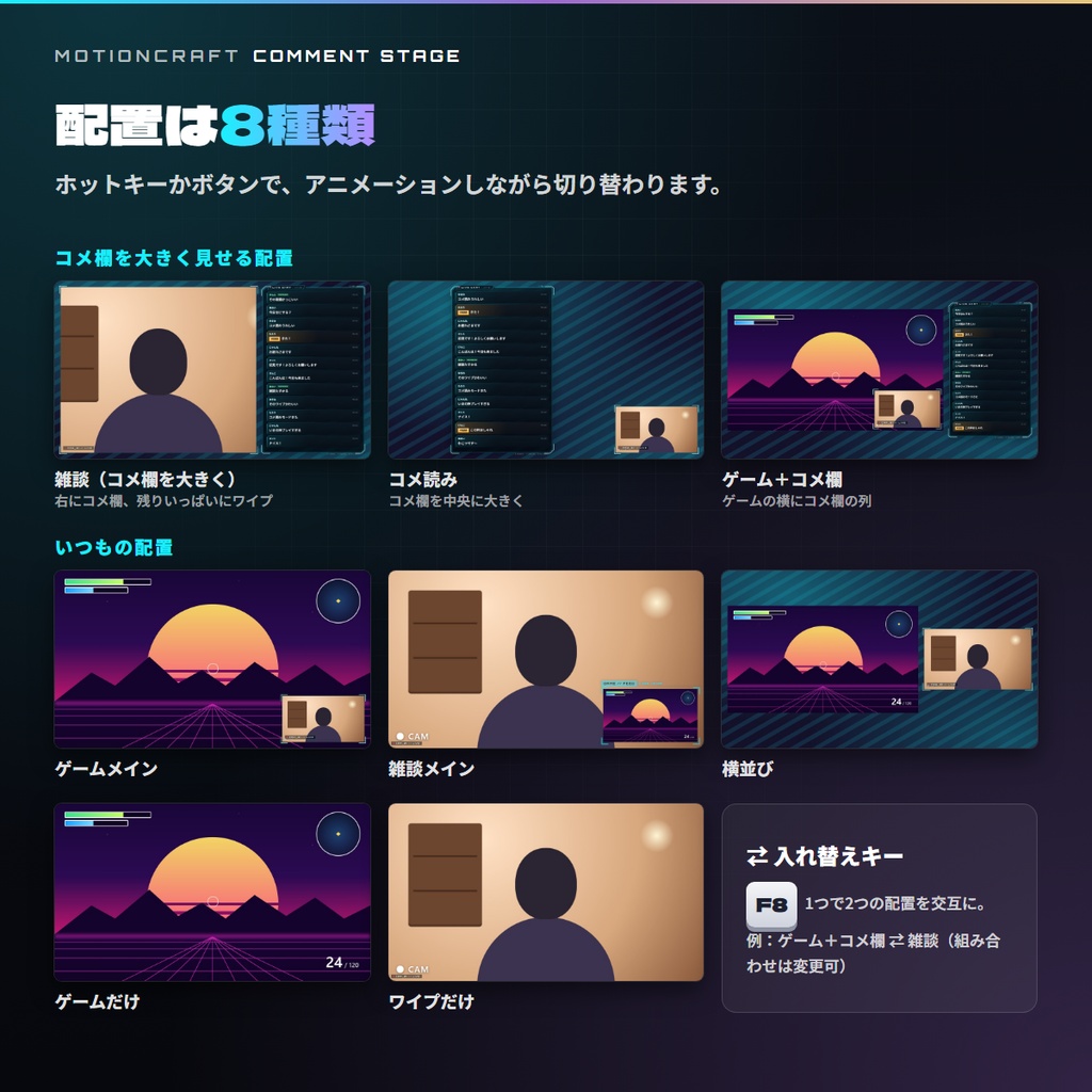 【OBS・Streamlabs対応】コメ欄を主役にする配置切替スイッチャー「COMMENT STAGE」【わんコメ・YouTube・Twitch/枠9種+カード8種】