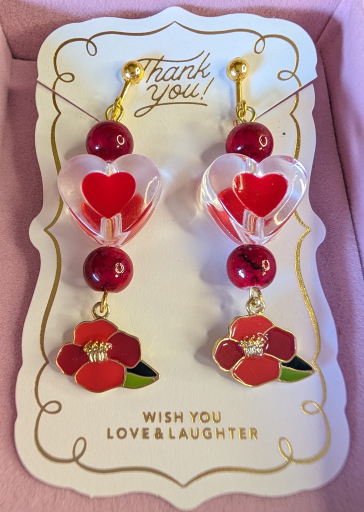 ★新作★【ゆめ★きら】シリーズ★夢かわきらきら ハート椿のお花チャーム イヤリング(レッド/ゴールド)