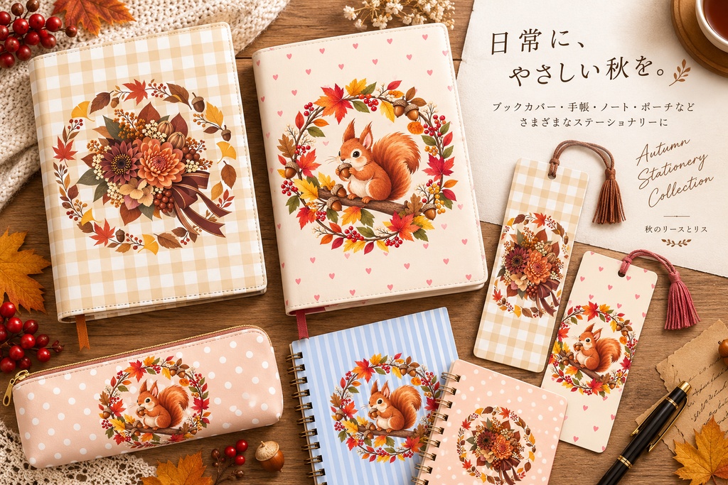 秋色の手帳&ブックカバー デジタルペーパー|中央モチーフ 12 Designs