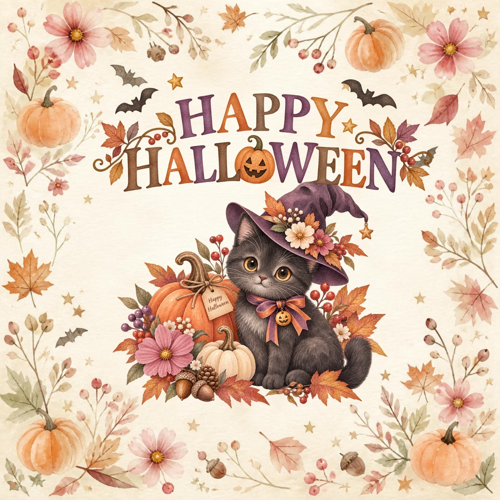大人かわいい秋色ハロウィン|水彩デジタルペーパー12枚|黒猫・魔女帽子・かぼちゃ
