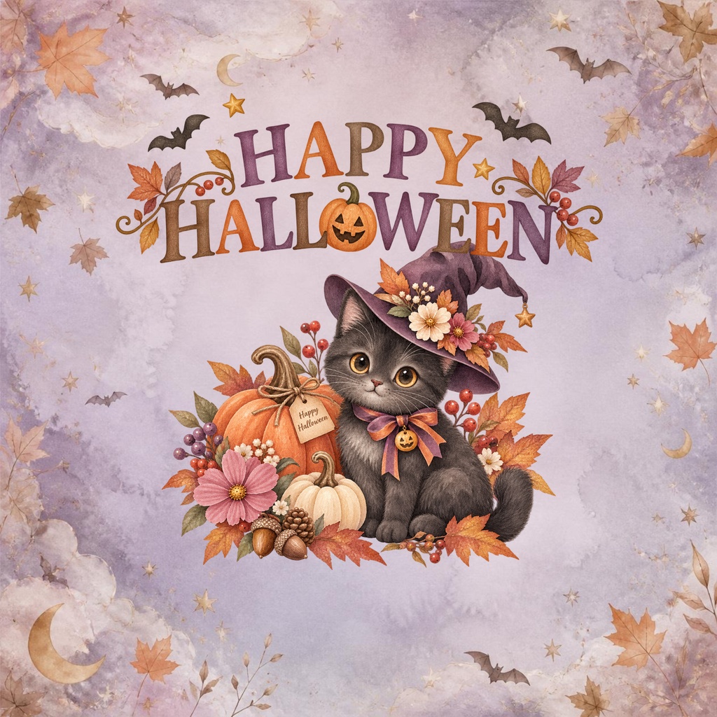 大人かわいい秋色ハロウィン|水彩デジタルペーパー12枚|黒猫・魔女帽子・かぼちゃ