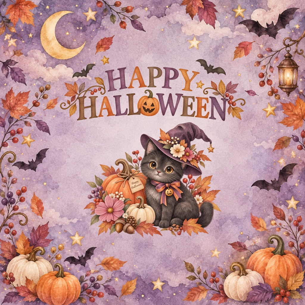 大人かわいい秋色ハロウィン|水彩デジタルペーパー12枚|黒猫・魔女帽子・かぼちゃ