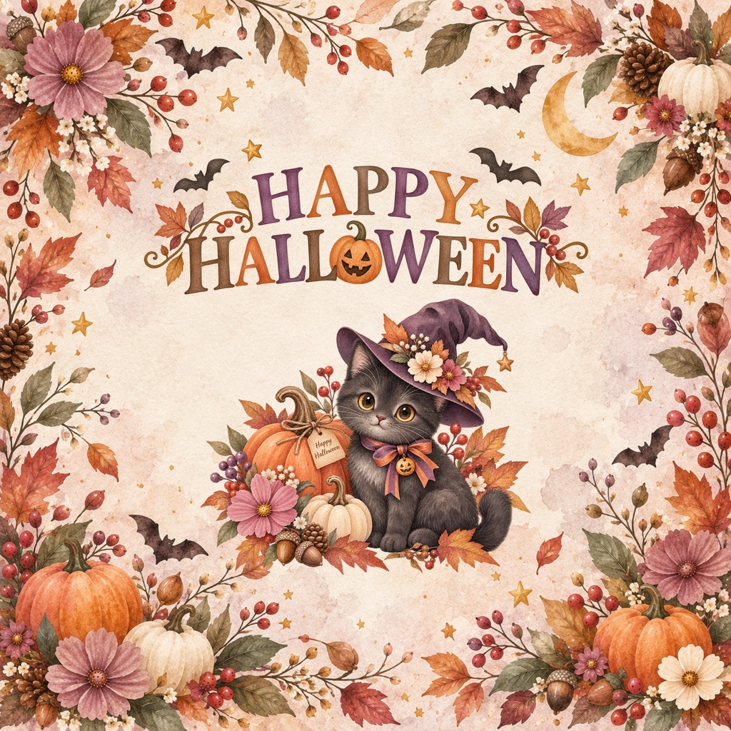 大人かわいい秋色ハロウィン|水彩デジタルペーパー12枚|黒猫・魔女帽子・かぼちゃ