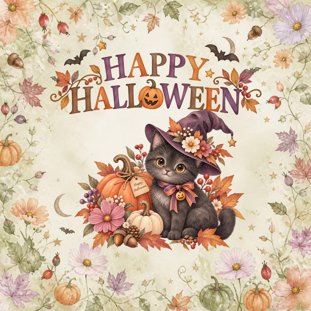 大人かわいい秋色ハロウィン|水彩デジタルペーパー12枚|黒猫・魔女帽子・かぼちゃ