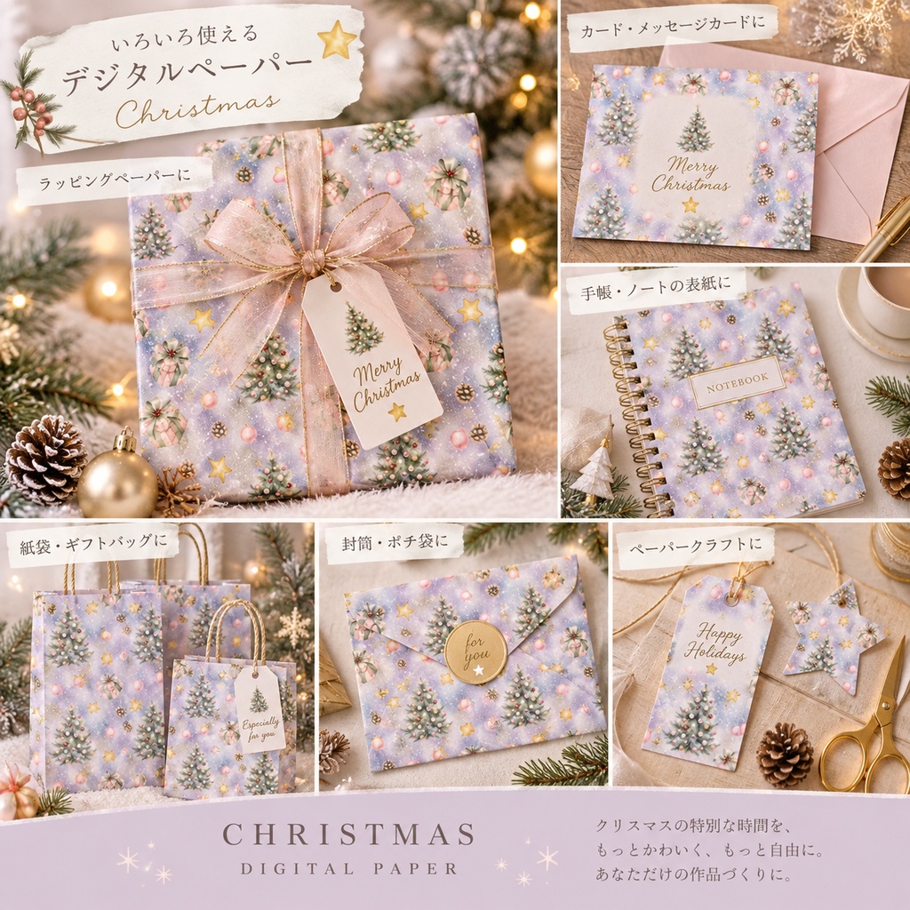 くすみパステルのクリスマス|水彩デジタルペーパー 9枚セット