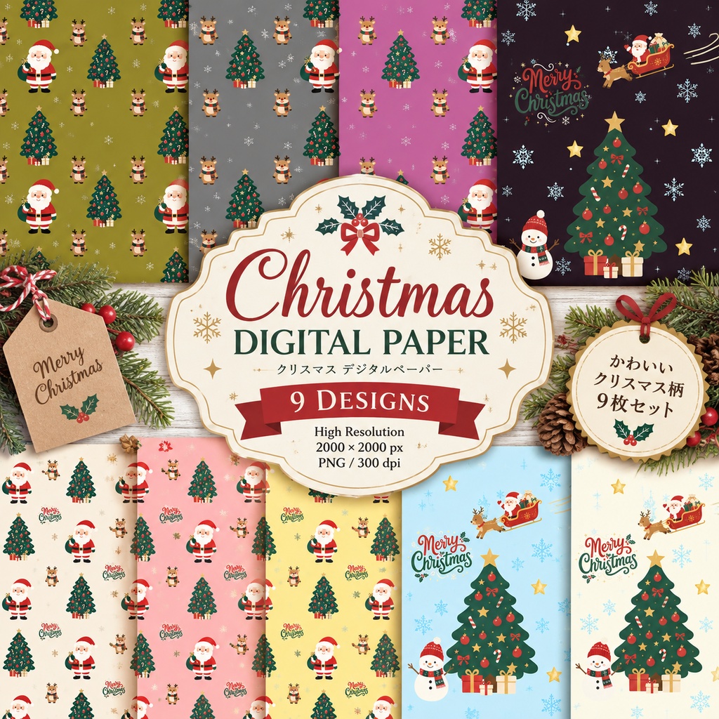 かわいいクリスマス デジタルペーパー 9枚セット｜サンタ・トナカイ・ツリー｜Christmas Pattern