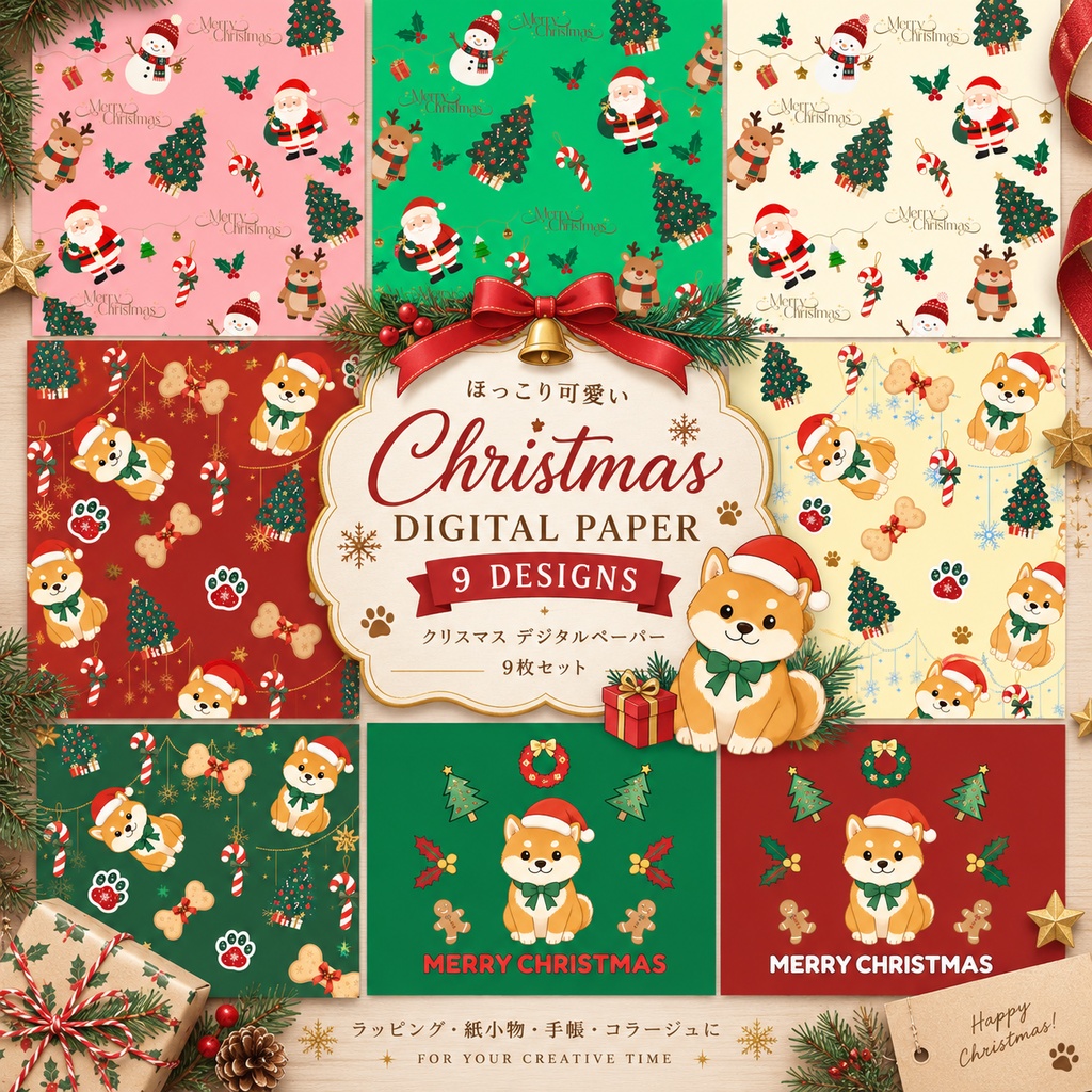 ほっこりクリスマス&柴犬 デジタルペーパー 9枚セット|Christmas Pattern Paper
