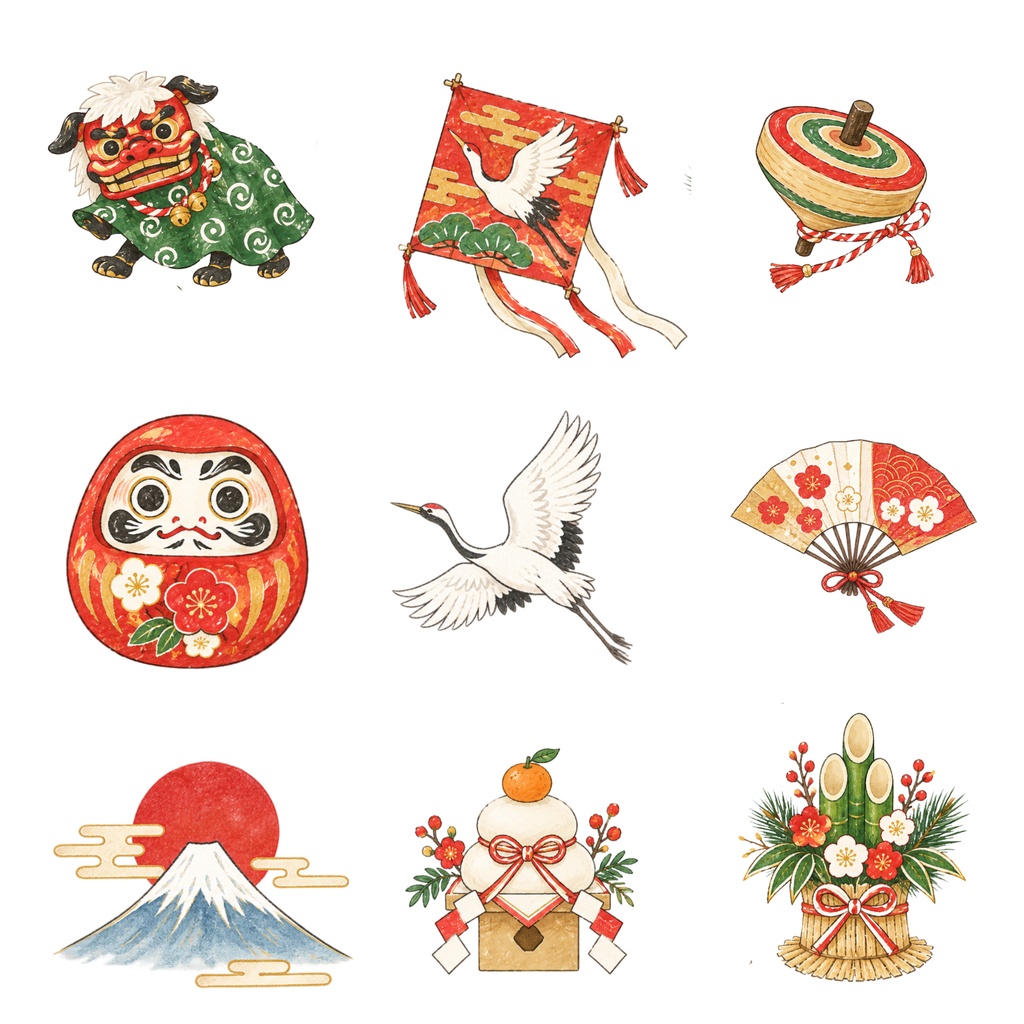 お正月 和柄デジタルペーパー|富士山・鶴・門松・だるま・獅子舞